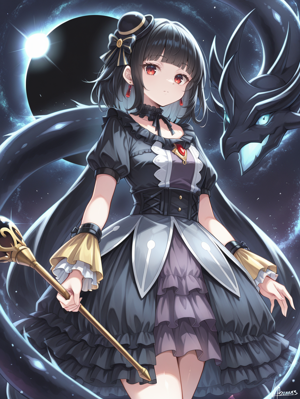 blunt bangs, moon of the closed heaven, 1girl, solo, red earrings, looking at viewer, signature, staff, holding staff, closed mouth, expressionless, standing, black frilled choker, black mini hat, black princess dress, yellow wrist cuffs, solar eclipse, black dragon, space, 1other,
masterpiece,best quality,amazing quality,very aesthetic,apussbsurdres,newest,<lora:Moon of the Closed Heaven illuXL v1.1:0.72>,