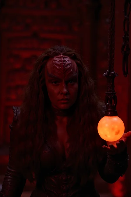 A hyper-realistic portrait, photorealistic photo close-up image of A Klingon woman kneels in a sacred shrine, clad in her full, gleaming armor, her forehead ridges glistening with sweat. Before her, two symbols of her heritage hang suspended in the air: the batâleth, representing honor and war, and a glowing orb, symbolizing the spiritual realm and the ancestors' wisdom. The shrine is dark, with a smoky, blood-red hue, casting long shadows across her face, emphasizing her intense expression. She reaches out with one hand toward the batâleth, her warriorâs instincts pulling her toward violence, while her other hand hesitates near the orb, as if drawn by something deeper within her soul. Stone walls, covered in ancient Klingon script, echo with the distant hum of chants. The room pulses with the tension between violence and reflection, between bloodshed and spiritual enlightenment. (photography, high-resolution, dynamic, energetic,hyper-realistic, dramatic lighting, shallow depth of field.)<lora:aidmaMJ6.1-FLUX-V0.1:0.6><lora:Movie_Portrait><lora:Flux DetailerV2><lora:klingon_FLUX:1.1>