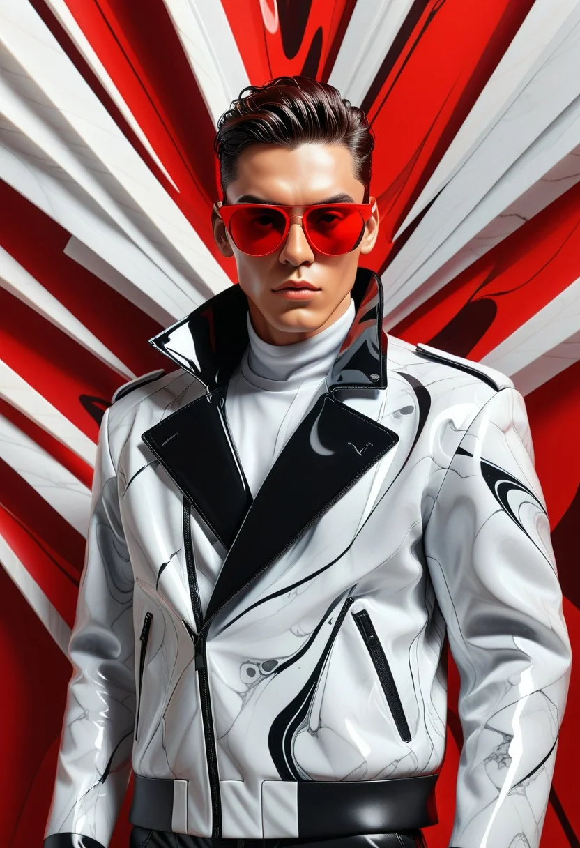 Liquid Marble, <lora:MHJ_XL:1>, Minimalist vector illustration, male character with red sunglasses, futuristic jacket with sharp angular designs, bold red background, intense expression, modern urban style, clean lines, high contrast between black, white, and red, sleek futuristic aesthetics. Liquid Marble,