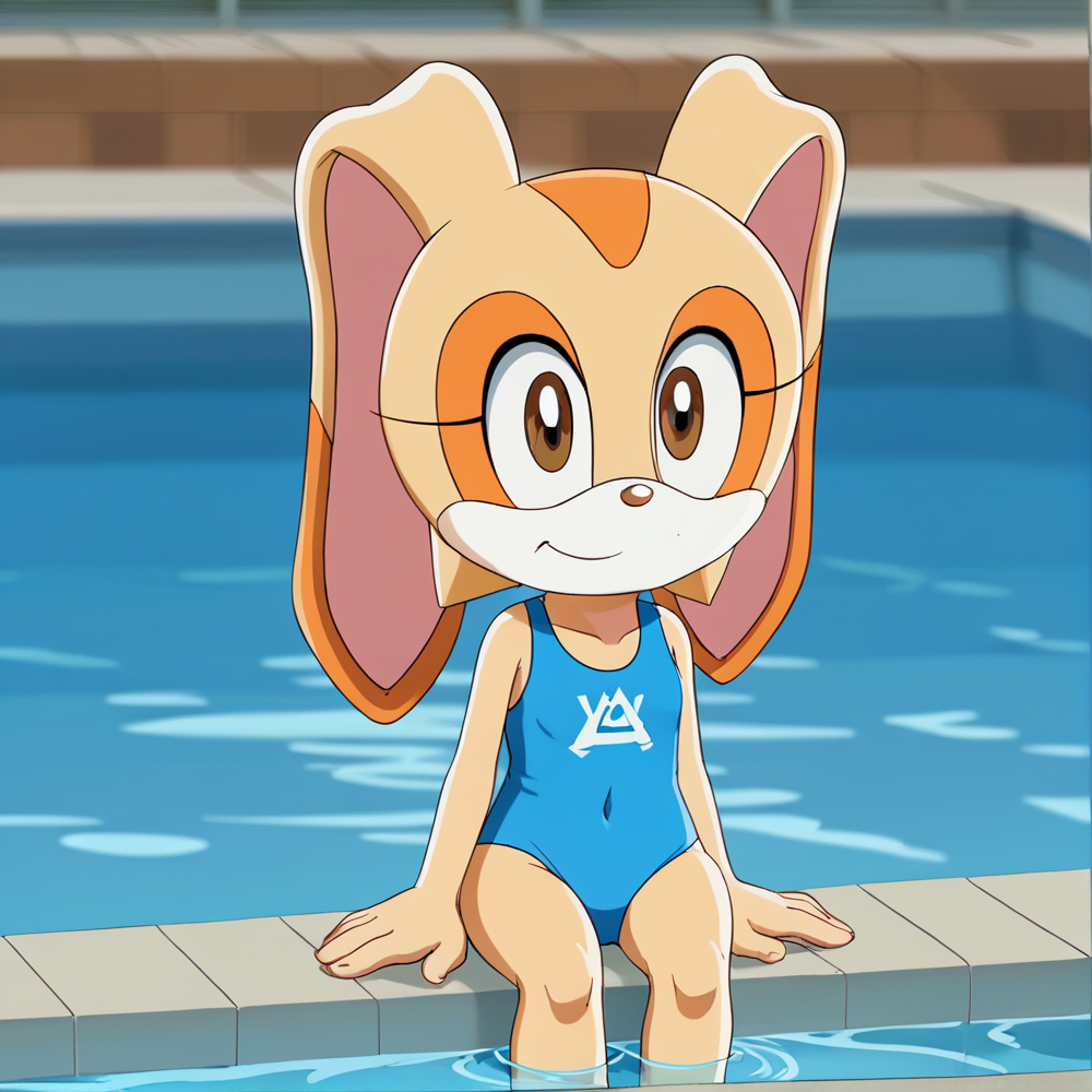 hi res, best quality, female, Score_9, score_8, score_7 BREAK, best anatomy, small body, young, petite, (solo), ultra detailed, short, (source_cartoon), (((show accurate))), (masterpiece), <lora:Cream_the_rabbit_Pony_V3:1>, cre@m_the_rabbit, furry, two-tone fur, rabbit ears, 1girl, animal nose, brown eyes, rabbit girl, dark blue swimsuit, one piece, pool, water, smile
