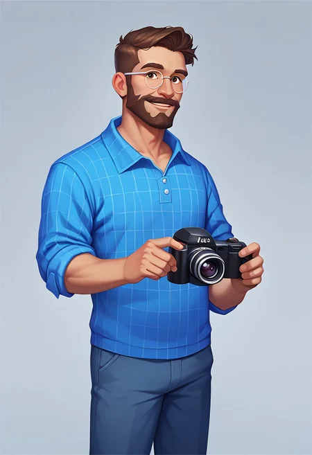 score_9, score_8_up, score_7_up, Casgas BREAK, 1boy, man, mature, solo, preppy style, hipster, photographer, big nose, medium build, brown eyes, brown short hair, thick beard and mustache, handsome, smile, blue sweatshirt with light blue small circles, red plaid shirt with purple stripes, shirt with sleeves rolled up to the elbow, gray camera on a leather strap, camera, gray denim pants, round glasses with silver frame, BREAK holding a camera with both hands, looking at viewer, standing, semi-sideways, half-sideways, medium shot, BREAK simple background, gradient, gray gradient background