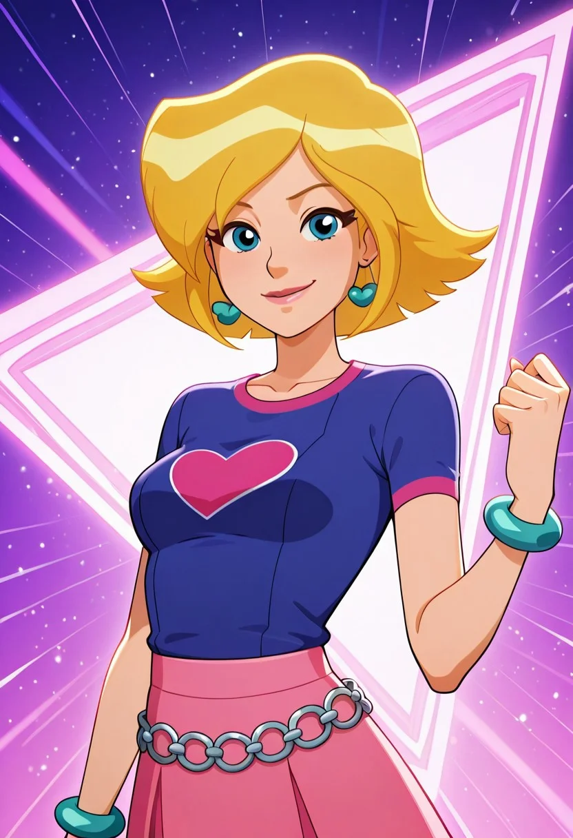 masterpiece, best quality, good quality, 1girl, solo, cartoon, totally_spies_2k24, cl0ver, blonde hair, blue eyes, dark blue t-shirt, heart-shaped logo, pink skirt, teal earrings, teal bracelet, chain belt, sexy, medium breasts, beautiful, detailed, high detailed, very beautiful, detailed face, detailed eyes, detailed hand, abstract background, neon, smile, looking at viewer, face focus