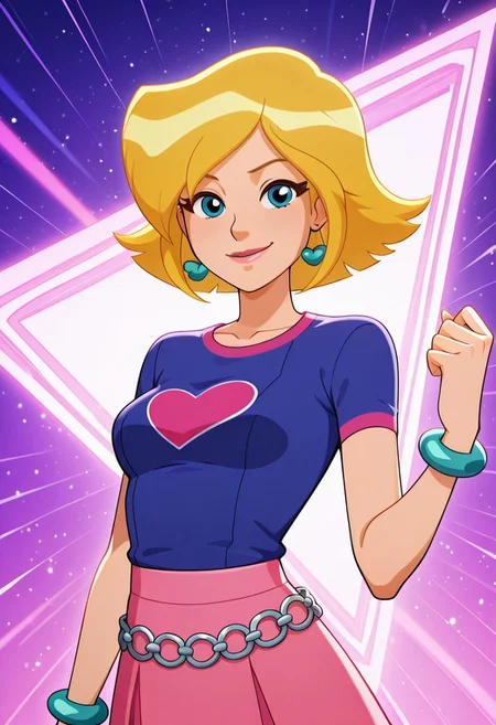 masterpiece, best quality, good quality, 1girl, solo, cartoon, totally_spies_2k24, cl0ver, blonde hair, blue eyes, dark blue t-shirt, heart-shaped logo, pink skirt, teal earrings, teal bracelet, chain belt, sexy, medium breasts, beautiful, detailed, high detailed, very beautiful, detailed face, detailed eyes, detailed hand, abstract background, neon, smile, looking at viewer, face focus