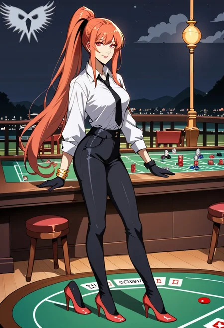 score_9, score_8_up, score_7_up, 1girl, night, indoor, in a casinò, dynamic shot, from high, long legs standing behing a poker table, green table, solo, dynamic pose, Feng Ling, orange hair, red eyes, medium breast, long hair, ponytail, black pants, white shirt, long sleves shirt, black gilet, black neck tie, red heels, gold slim bracelets, black gloves, looking at the viewer, long legs, nice legs, white hips ultra detailed, masterpiece, close up, upper body<lora:add-detail-xl:1>, <lora:StS_PonyXL_Detail_Slider_v1.4_iteration_3:4>