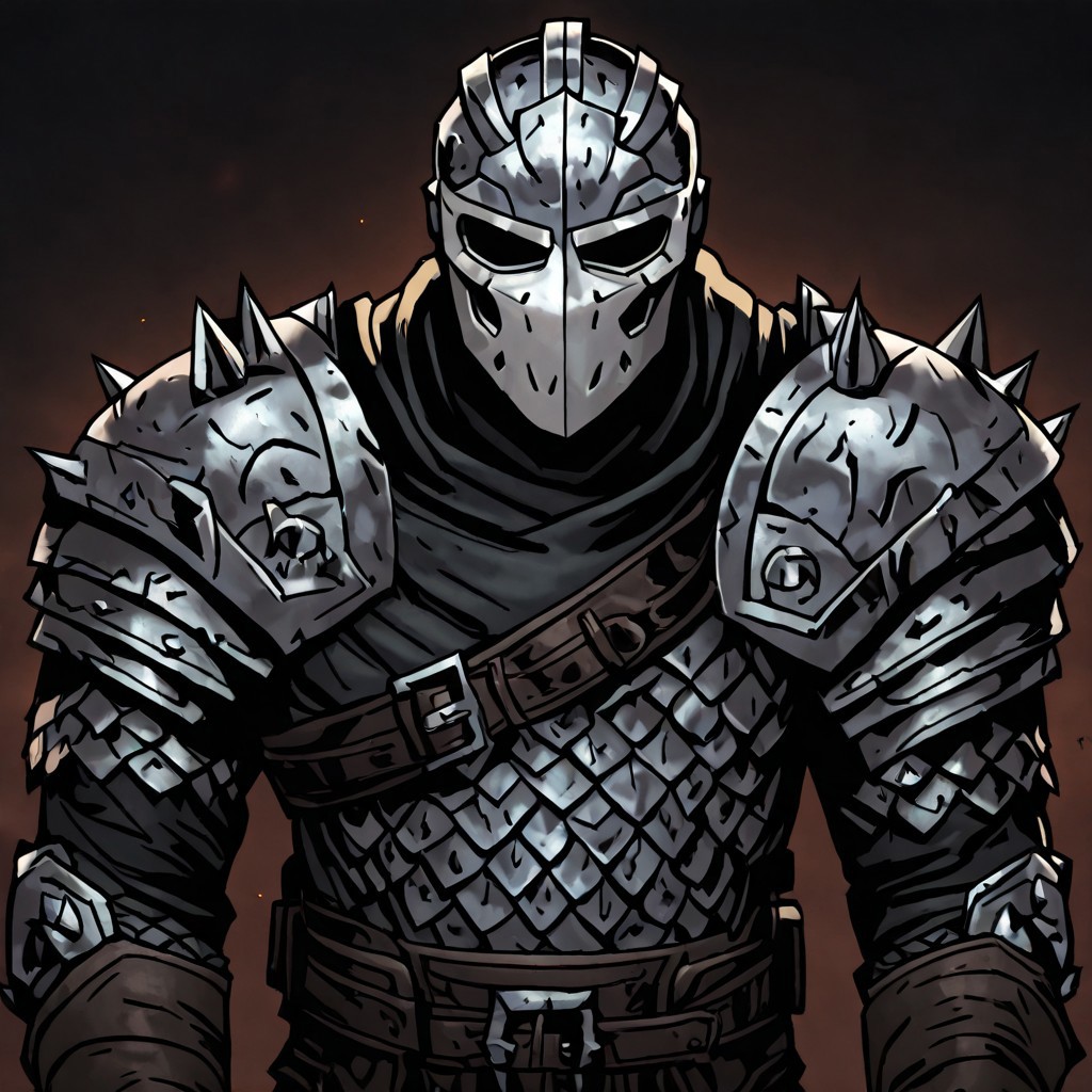 masterpiece, best quality, newest, absurdres, highres, DDstyle, official style, black eyes, shaded eyes, 1boy, DDBH-V1.1, mask, helmet, armor, shoulder armor, spikes,
