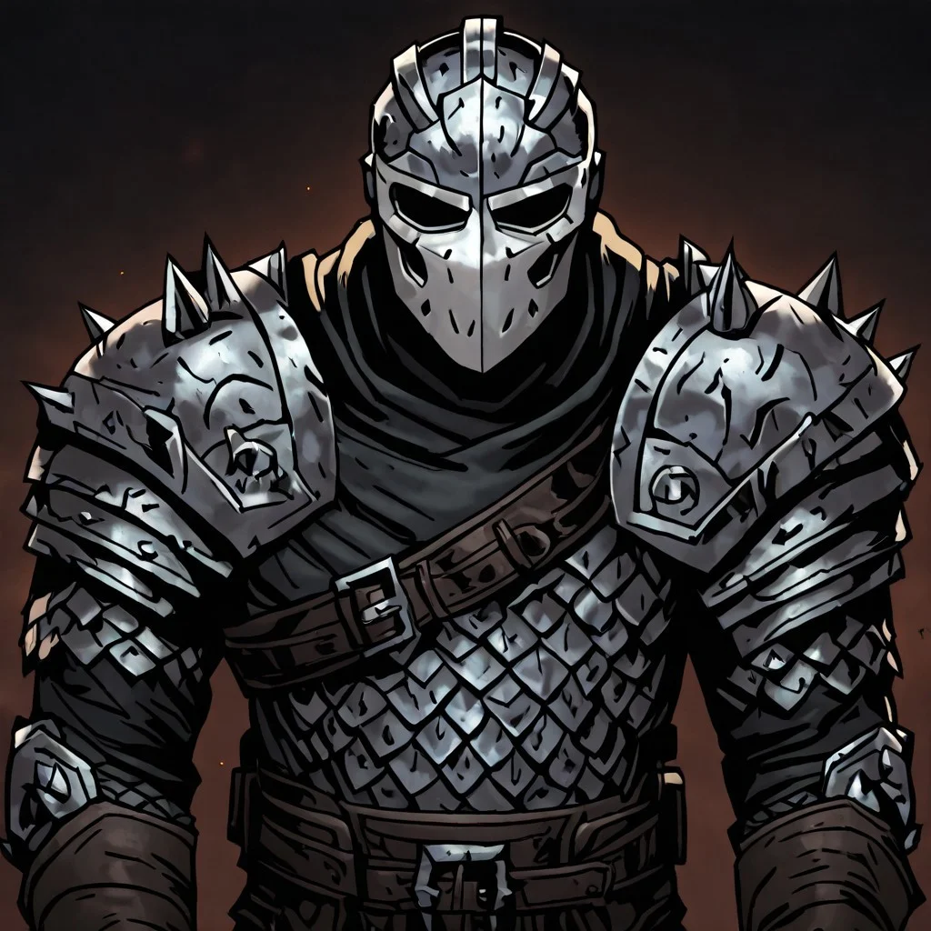 masterpiece, best quality, newest, absurdres, highres, DDstyle, official style, black eyes, shaded eyes, 1boy, DDBH-V1.1, mask, helmet, armor, shoulder armor, spikes,