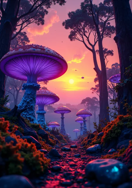 Technicolor dream-forest at sunset, where giant luminescent mushrooms and crystalline trees stretch towards a sky painted with electric oranges, magenta streaks, and ultraviolet highlights. The undergrowth pulses with bioluminescent moss in neon blues and acid greens, creating an otherworldly glow against the darkening forest floor. Floating spores and digital particles shimmer in the dappled twilight, creating a vaporwave aesthetic. The perspective gazes upward through translucent canopy layers, where fractalized foliage filters the last rays of sunlight into prismatic patterns. Digital painting style with pixel sorting effects, volumetric god rays, and saturated color grading. Hyperdetailed textures with fiber optic-like veins running through leaves and fungi. 8K resolution, unreal engine rendering, with depth of field focusing on the digital-organic fusion landscape as day transitions to dusk. <lora:Bonafida.Studio:0.5> <lora:Fluxartis 28.11A:0.3> <lora:飿 ¼å-è¶
ç°å®:0.7> <lora:It's a LoRA for portraits, BUT! actually specialized in backgrounds. v1.0:0.8> <lora:flux_dev:1>