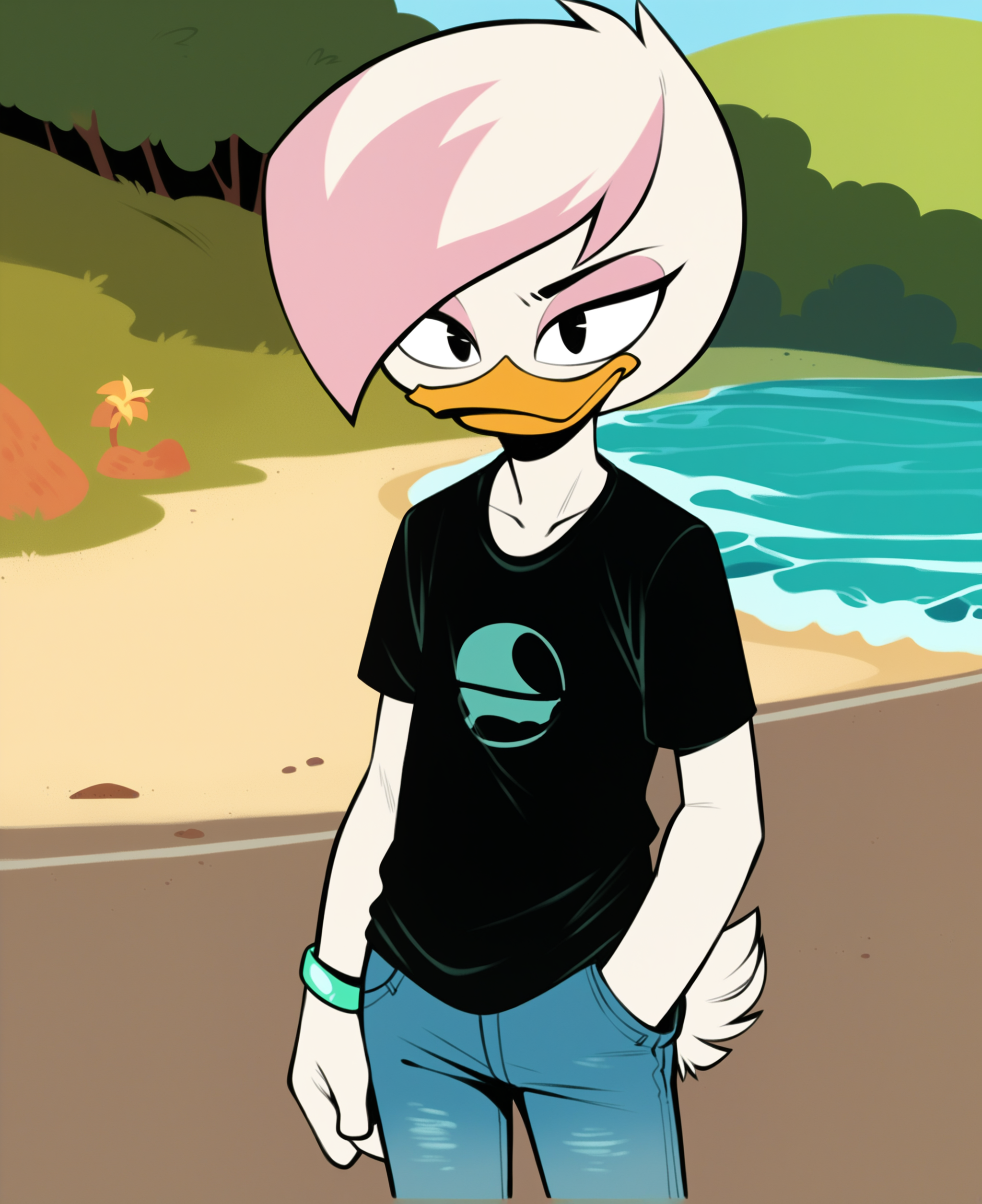 score_9, score_8_up, score_7_up, score_6_up, best quality, highres, source_furry, BREAK nzm BREAK
1girl, female, solo, outside, boardwalk, beach, duck, beak, lena sabrewing, young, child, white skin, white hair, pink highlights, short hair, black eyes, annoyed, smug, hand in pocket, bracelet,  (white t-shirt, oversized clothes, jeans, shirt tucked in) <lora:Lena_Sabrewing:1>