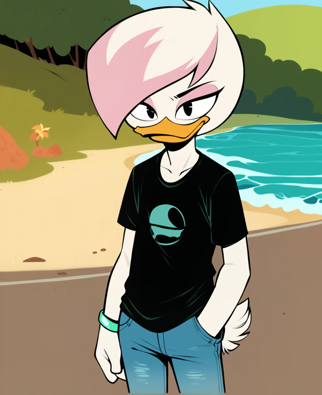 score_9, score_8_up, score_7_up, score_6_up, best quality, highres, source_furry, BREAK nzm BREAK
1girl, female, solo, outside, boardwalk, beach, duck, beak, lena sabrewing, young, child, white skin, white hair, pink highlights, short hair, black eyes, annoyed, smug, hand in pocket, bracelet,  (white t-shirt, oversized clothes, jeans, shirt tucked in) <lora:Lena_Sabrewing:1>