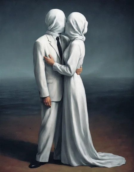 <lora:surr:0.7>surr, man in suit with white fabric covering face kissing person wearing long dress with white fabric covering face, full body shot, surreal background