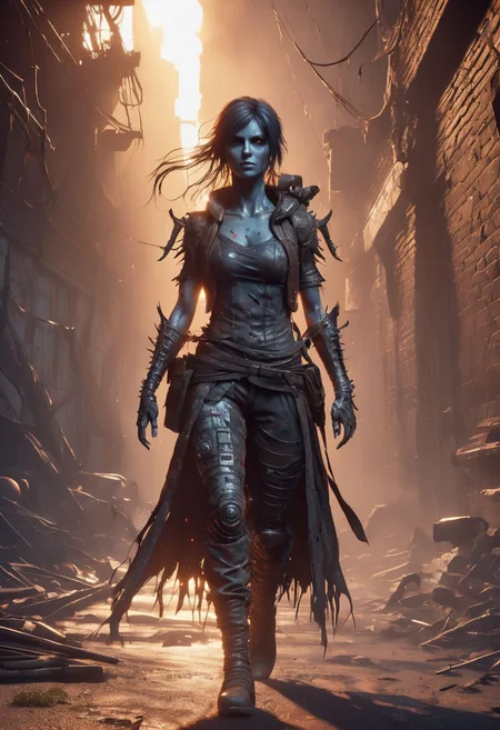 Graphics Unreal Engine 5, 3D Modeling, UV Mapping, Texture, Rendering, Graphics quality ray tracing, Particle System, 3D Manufacturing Formats, Cartesian Coordinate, Acrylonitrile Butadiene Styrene, Final Fantasy XVI collaboration Walking Dead collaboration Resident Evil, Apocalypse, 2077, fullbody a Character woman,showhot,scene walking dead, platinum, ultra hdr, ghostly beauty, windy, raw photo, reflection, lighting, intricately detailed, digital art, high detail, 4k resolution, thin clothes with a dramatic camera angle, dynamic motion blur, lens flares, distant ruins or destroyed buildings, more dramatic lighting, deeper and more contrasted shadows, a colder color grading, a desolate wasteland background and her expression is a mix of determination and sadness