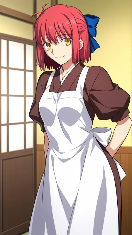smile,, masterpiece, best quality, amazing quality, very aesthetic, absurdres, newest, anime screencap, <lora:kohakuILM:1>, kohaku (tsukihime), takeuchi takashi, yellow eyes, red hair, hair ribbon, blue ribbon, hair between eyes, short hair, sidelocks, bob cut, maid, maid apron, apron, white apron, kimono, brown kimono, japanese clothes, wa maid, puffy short sleeves,