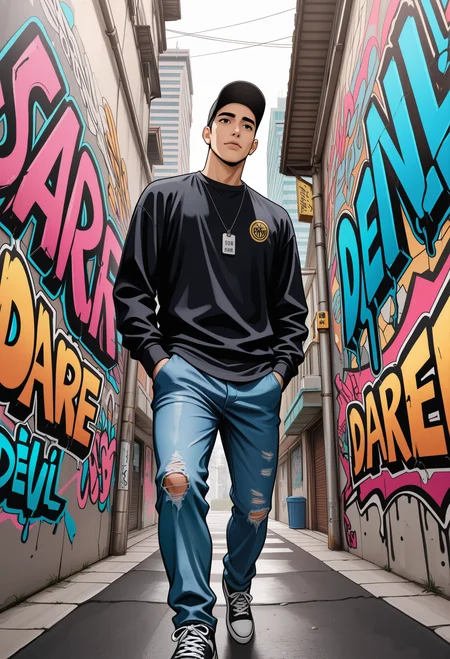 graffiti style (1boy:1.15), solo, dare devil, perspective, masterpiece, best quality, amazing quality . street art, vibrant, urban, detailed, tag, mural