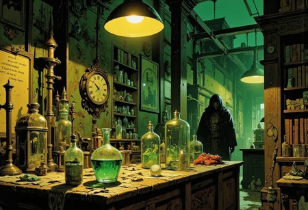 trashpunk, futuristic laboratory, steampunk style, intricate machinery, glowing green liquids, eerie green light, large glass bottles, various scientific instruments, old-fashioned clock, wooden table cluttered with jars and containers, medieval-style lantern hanging from the ceiling, dimly lit, shadowy figure in the background, gothic atmosphere, detailed textures, metal pipes, glassware, parchment papers, scattered notes, laboratory equipment, mysterious ambiance, dark green and yellow color scheme, intricate designs, sci-fi elements, fantasy setting, old books on shelves, foggy background, industrial aesthetic, magical potions, alchemy theme, intricate glasswork, fantasy art, detailed illustration, sci-fi art, atmospheric, mysterious, detailed background, dark and moody, intricate details, gothic fantasy, detailed artwork, imaginative, surreal, mysterious laboratory, eerie glow, dark fantasy, intricate machinery, steampunk elements, detailed illustration, gothic art, atmospheric scene, sci-fi fantasy, detailed textures, intricate designs, gothic elements, mysterious atmosphere, dark and moody, detailed artwork, intricate details, gothic fantasy, imaginative, surreal, mysterious laboratory, eerie glow, dark fantasy, intricate machinery, steampunk elements, detailed illustration, gothic art, atmospheric scene, sci-fi fantasy, detailed textures, intricate designs,