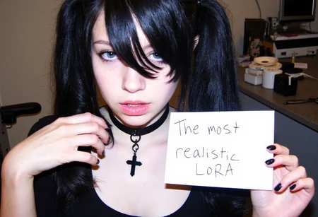 amateur photo, low-lit, overexposure, Low-resolution photo, shot on a mobile phone, nighttime, noticeable noise in dark areas.portrait of young woman, early 20s, amateur quality, outside, overexposed, front view, looking at the viewer, She has light skin and dark hair styled in two pigtails, with bangs covering her forehead, She also has a black choker and a black cross necklace, adding to the gothic aesthetic. Her expression is neutral, right hand near the neck. The background shows a room with furnitures and desk with computer and monitor. Left hand holding a sign with handwritten text "The most realistic LoRA". Indoors, low lighting, muted color tones