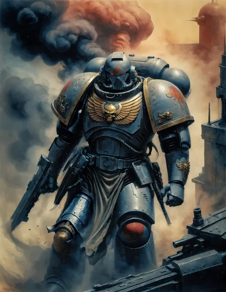 philippe druillet,enki bilal,moebius inspired french comics, bird's-Eye View of a man knight armor, resting in a haze of smoke, dust, eerie colored gas fog, <lora:primaris_marine-knight_armor-000007:0.8>, g1g3r, <lora:g1g3r:0.4>, distinct contrast in colors and textures, grainy texture,surreal