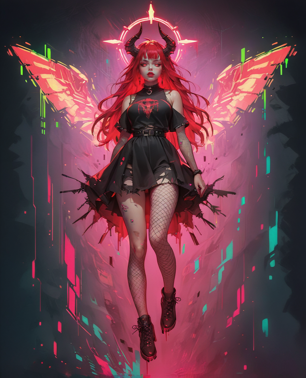 score_9. score_8_up, score_7_up, score_6_up, score_5_up, score_4_up, 1girl, red hair, curvy, gothic, g0th1cPXL, glowing, full body, neon, fishnets, cyberwings, (glitch:1.2), torn clothes, horns, halo, <lora:g0th1cPXL:0.75>