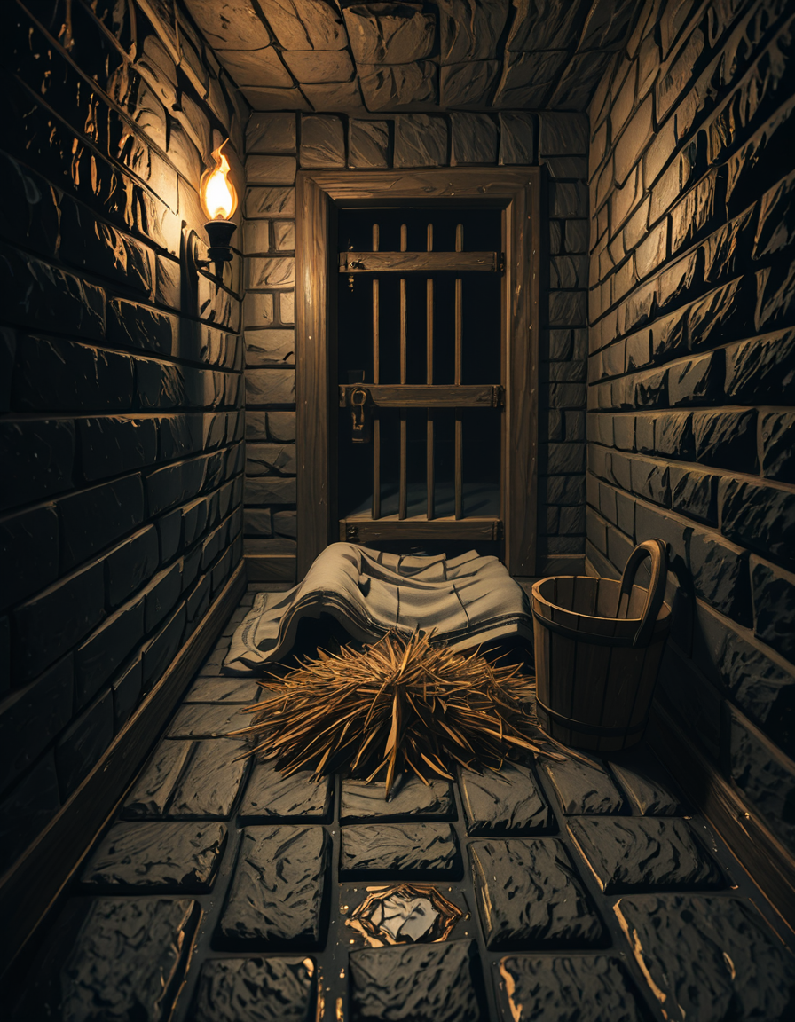 A hyper-realistic photo of a dark medieval dungeon cell inspired by Skyrim, with cold, damp stone walls covered in patches of moss and cracks. The floor is made of uneven cobblestones, partially wet with small puddles reflecting dim torchlight. An old, rusted iron-barred door is slightly ajar, casting long shadows on the ground. In the corner, a pile of straw serves as a makeshift bed, with a thin, tattered blanket thrown over it. Chains and shackles hang from the walls, showing signs of centuries of use. A small wooden bucket sits beside the bed, used as a primitive toilet. The atmosphere is heavy and oppressive, filled with a faint mist in the air. The only source of light comes from a single flickering torch mounted on the wall outside the cell, creating dramatic, warm orange glows contrasting with deep, cold shadows. The photo is taken from a slightly low angle, as if from the perspective of someone crouched on the floor inside the cell, adding a sense of claustrophobia and confinement. Ultra-realistic textures, high detail, cinematic lighting, 4K quality.
<lora:SDXLFaeTastic2400:0.4> <lora:extremely_detailed:0.4> extremely detailed,,dungeon c3ll <lora:dungeon_c3ll-i:1>, Masterpiece,best quality,hi res,8k,hi res,8k,award winning,(sharp focus, intricate, highly detailed),