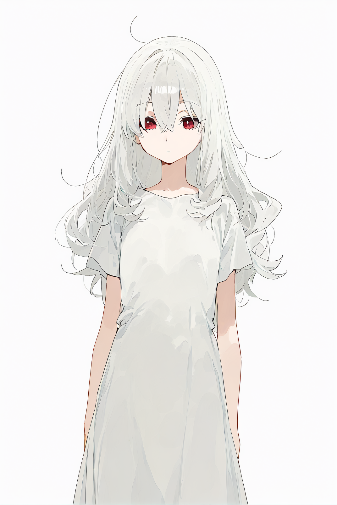 1girl, nai3-style1, solo, white hair, long hair, messy hair, red eyes, hair between eyes, expressionless, closed mouth, white dress, long dress, short sleeves, standing, peace sign, cowboy shot, simple background, white background, sensitive, masterpiece, best quality, good quality, newest <lora:artstyle-nai3-style1_illustrious01:0.9>