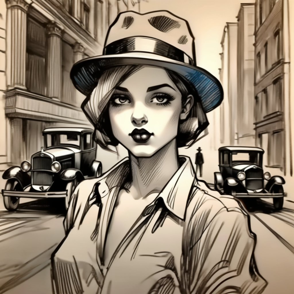 vextria gangster girl in a hat near a car in the city, 1920s, very detailed, sharpen <lora:vextria:1>