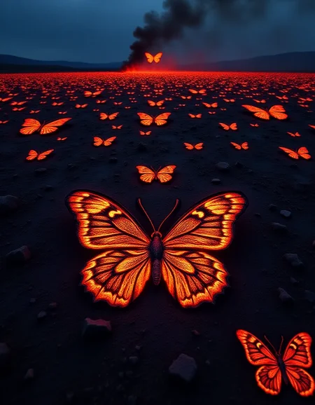 A sprawling horizon is covered with burned butterfly shapes of every size, their intricate wings etched with hypnotic patterns of swirls, spirals, and eyes. The edges of the butterflies glow with vibrant neon hues that pulse in rhythmic waves, creating the illusion of movement. As ash particles rise into the sky, they form new butterfly shapes mid-flight, leaving glowing trails behind them.
<lora:ral-brndptch_000002000:1>