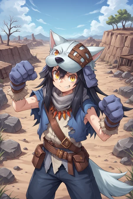 score_9, score_8_up, score_7_up, score_6_up, source_anime, BREAK, <lora:FlunkyPonyXL:0.75> , fludef, 1boy, black hair, long hair, yellow eyes, wolf hat, wolf hood, wolf pelt, wolf tail, grey scarf, bandana around neck, necklace, tooth necklace, fur trim, blue vest, torn clothes, paw gloves, smile, closed mouth, looking at viewer, happy, scenery, exterior, wasteland, desert, shrubs, dead trees, (solo), <lora:backgroundsetXL:0.25> , background, village, wasteland, desert, <lora:y0tt4:0.6> , y0tt4, cowboy shot, (dynamic pose, action pose),