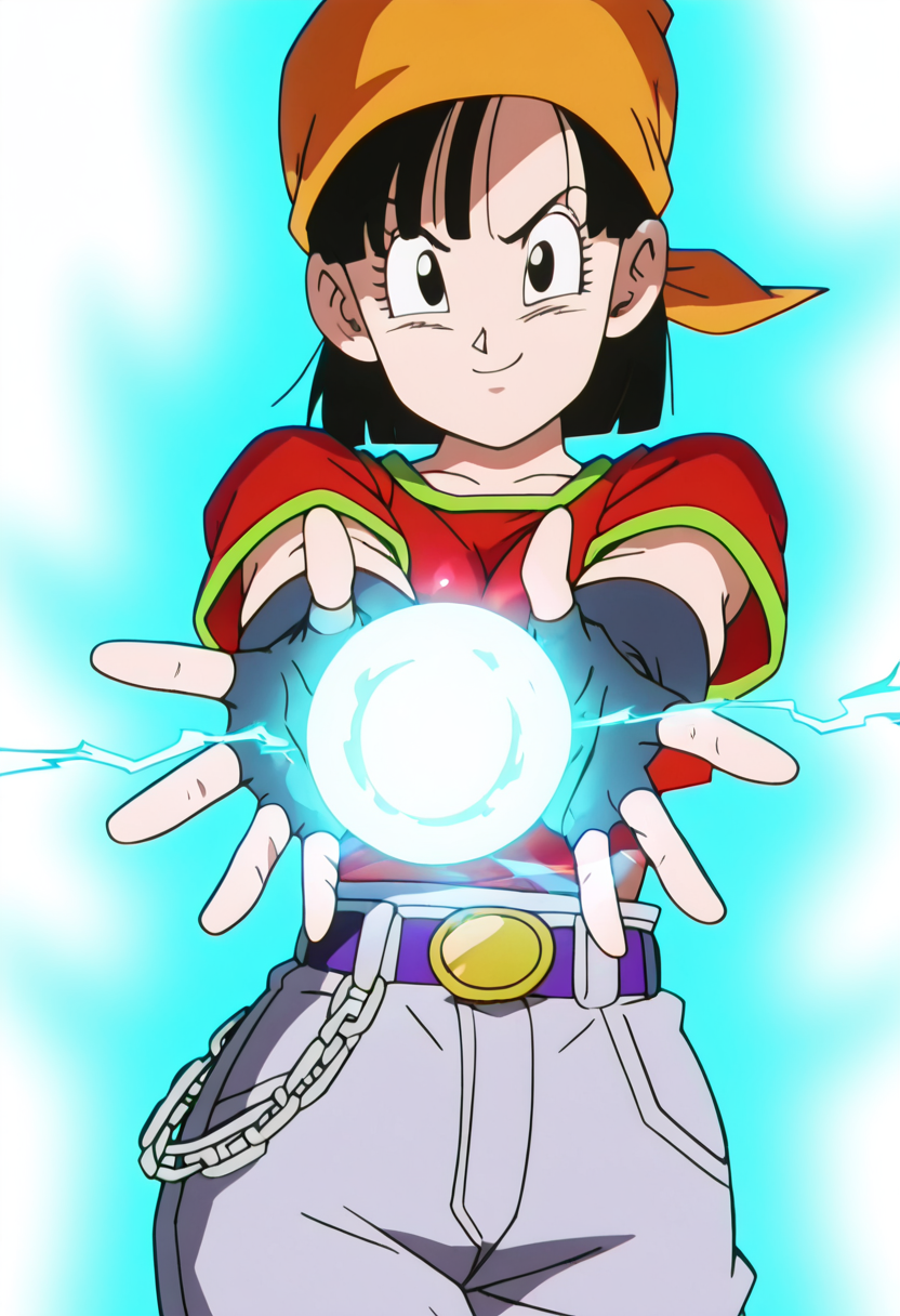 masterpiece, best quality, solo, curvy, beautiful eyes, aged up, large breasts, narrow waist, wide hips, 1girl, solo, smile, looking at viewer, foreshortening, close up,    zzPan, black hair, short hair,  bandana, fingerless gloves, red shirt, denim jeans,   ,<lora:PanDBGT_IXL:1.0>,,vivid aura, looking at viewer, blue background, smug, aura, super saiyan, charging energy, energy ball, energy, lightning, <lora:DBSBroly_Style_IXL_v2:0.6>,