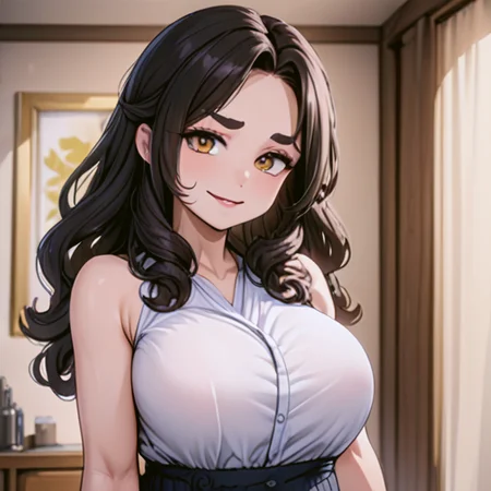 anime, best quality, (masterpiece:1.4), (high quality:1.4), sharp focus, 4k, absurd resolution, detailed hands, curly hair, long hair, black hair, pale skin, 1girl, mature female, smug, (parted hair), (round face), (no bangs), (solo), <lora:ETO_OC_XL:0.6>, looking at viewer, hazel eyes, (Hands on the waist, looking to the side,), (thick eyebrows:0.9),