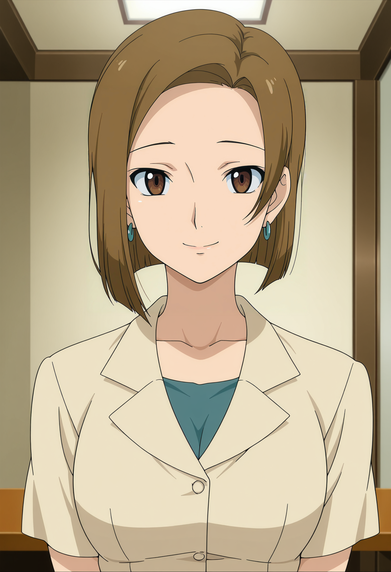 1girl,solo,Kinue,mature female,brown hair,short hair,brown eyes,earrings,anime coloring,
shirt,upper body,looking at viewer,indoors,smile
,masterpiece,best quality,amazing quality,<lora:Kinue_Crossroad-Mobile_Suit_Gundam_00:0.8>