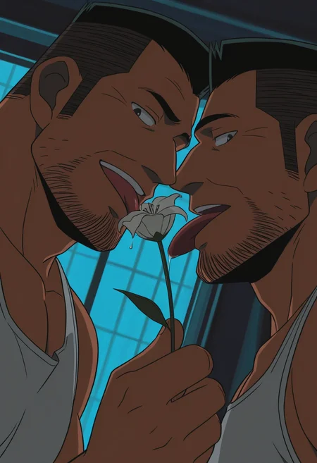 2boys, clone, duo, holding flower, licking flower, tongue out, (close-up:1.75), mouth focus, looking at viewer, from side, dutch angle, darkness, saliva drip,
looking down, from below,
BREAK
<lora:Inspector_Yuminaga_from_Detective_Conan_v1.0:1> full beard, thick eyebrows, thick beard, long sideburns,
inspectoryuminaga, mature male, black hair, flattop, anime screencap, dark skin,
white tank top,
BREAK
colorful, indoors, bed, backlighting, darkness, chiaroscuro, high contrast,
BREAK
very awa, masterpiece, best quality, absurdres, newest, perfect quality, detailed background, intricate details,
