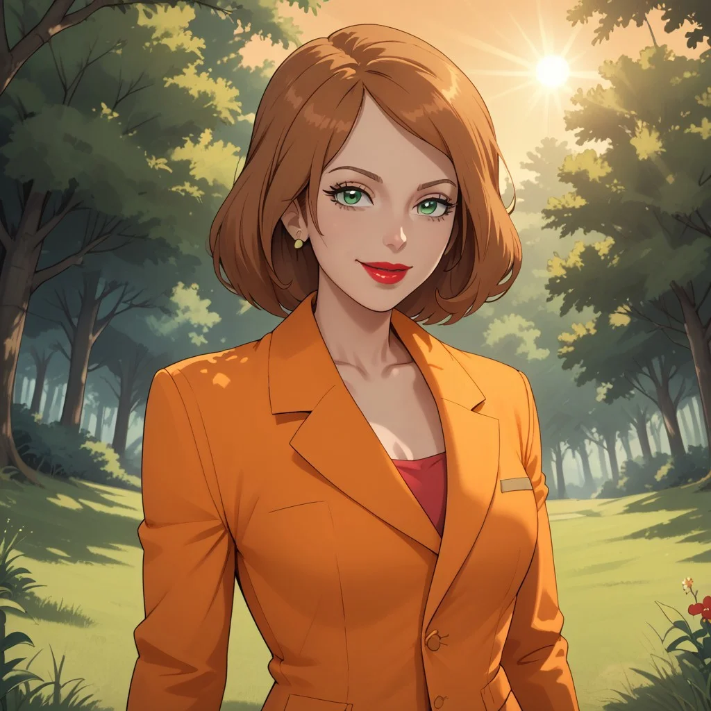score_9, score_8, BREAK, light brown hair, green eyes, red lips, lipstick, earrings, orange suit, orange pants, orange slippers, breasts, Scarlet_(Sonic_X), sexy pose, self portrait, smile, outdoors, sunlight, shadows, evening lighting, natural lighting, forest, trees, grass, orange sky, sunset
