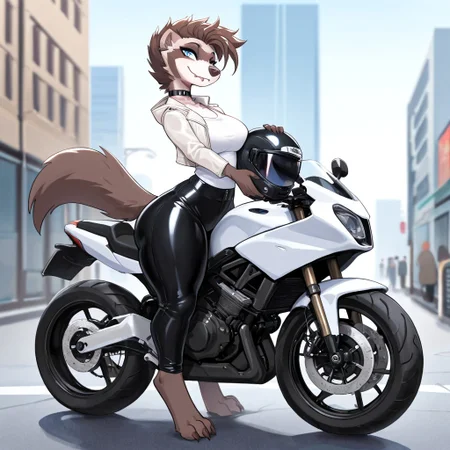masterpiece, best quality, newest, absurdres, highres, furry, perfect anatomy, M1x,1girl,solo,furry,furry female,brown hair,short hair,blue eyes,snout,animal nose,fang,choker,body fur,two-tone fur,browm fur,claws,white fur,tail, outdoors, city, streets, sidewalk, thick thighs, breasts, black pants, white shirt, white jacket, leather jacket, leather pants, motorcycle, standing in front of motorcycle, full body, posing, holding motorcycle helmet,