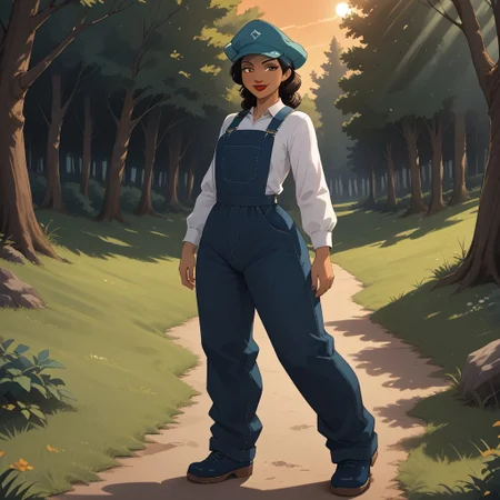 score_9, score_8, BREAK, solo, black hair, cyan headwear, brown eyes, dark skin, dark skin female, red lips, lipstick, white shirt, long sleeves shirt, dark blue overalls, dark blue shoes, Audrey_Ramirez_(Atlantis), sexy pose, self portrait, smile, outdoors, sunlight, shadows, evening lighting, natural lighting, forest, trees, grass, orange sky, sunset