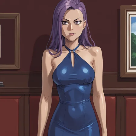 <lora:VampbladePurple_pony_v1:1>KatiePurple, 1girl, purple hair, long hair,  medium breasts, cowboy shot,  <lora:0932 Home wear 9_v1_pony:1> ruanyi0932,blue dress,halter dress,sleeveless,cowboy shot,taut dress,skin tight,long dress