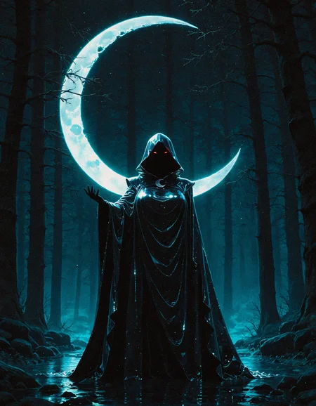masterpiece, best quality, amazing quality, <lora:DarkFantasy_v3_Buns:0.55>, Moonlight Ranger, glowing silver cloak, crescent bow, moonlit forest, vigilant gaze, masterpiece, best quality, amazing quality
