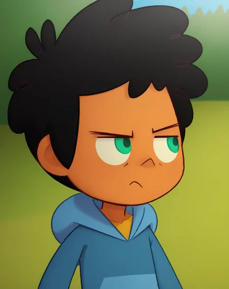 <lora:MaxCamp:0.8>, 1boy, solo, Max, black hair, green eyes, dark skin, blue hoodie, upper body, frown, outdoors,