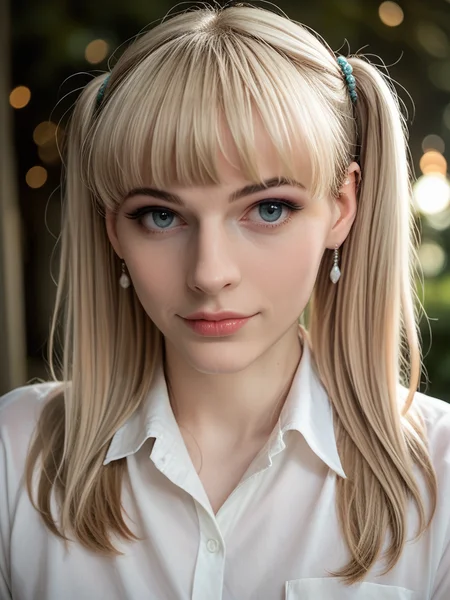 score_9, score_8_up, score_7_up, LiannaL4ws0n, Lianna Lawson, <lora:LiannaL4ws0n-pony:1>, 1girl, makeup, lips, blonde hair, long hair, twin tails, white blouse, portrait, solo, looking at viewer, bokeh, focus, film, velvia, artistic, best quality, photograph, focus
