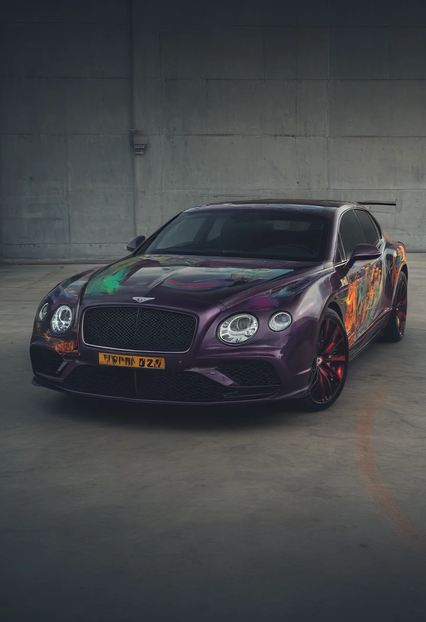 GTA-style artwork bentley,<lora:CHV-Zoom:1>,Cornelisz Hendriksz Vroom vehicle,car,jester [1],dark vibes [2], . Satirical, exaggerated, pop art style, vibrant colors, iconic characters, action-packed