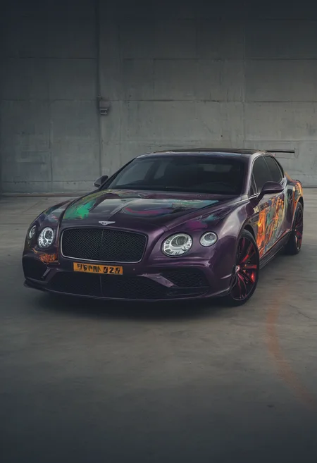 GTA-style artwork bentley,<lora:CHV-Zoom:1>,Cornelisz Hendriksz Vroom vehicle,car,jester [1],dark vibes [2], . Satirical, exaggerated, pop art style, vibrant colors, iconic characters, action-packed