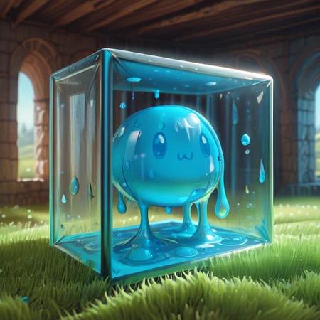 sl1m3d, slime-morph. (score_9, score_8_up, score_7_up), solo, detailed blue slime, grass fields, slime(creature), cube, inside the slime weapons and armor, weapons, armor, floating bones, bones, dungeon, crypt