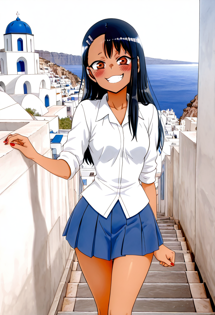 masterpiece, best quality, medium breasts, (curvy), narrow waist,    BREAK, zzNagatoro,  skirt, shirt, school uniform, white shirt, pleated skirt, nail polish, blue skirt, red nails, earclip, <lora:NagatoroNAI:0.8>,smile, looking at viewer, cowboy shot,   zzSantorini,  ,<lora:SantoriniBuildings_IXL_v1:0.8>,