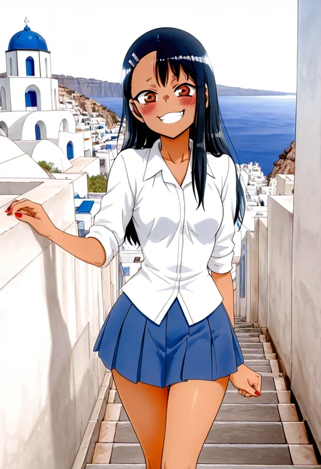 masterpiece, best quality, medium breasts, (curvy), narrow waist, BREAK, zzNagatoro, skirt, shirt, school uniform, white shirt, pleated skirt, nail polish, blue skirt, red nails, earclip, <lora:NagatoroNAI:0.8>,smile, looking at viewer, cowboy shot, zzSantorini, ,<lora:SantoriniBuildings_IXL_v1:0.8>,
