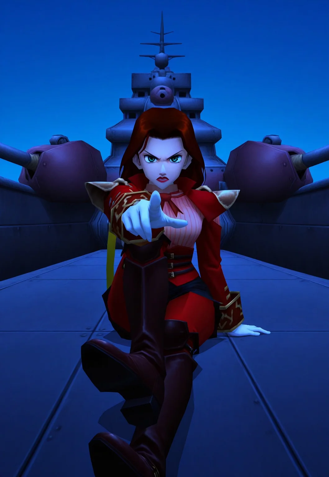 belleza,1girl, belleza_uniform,outside,deck of battleship,red lips,looking at viewer, (green eyes), (red greaves),(black boots),big eyes,perfect eyes, ((anime screencap)), spread feet, pointing, angry,