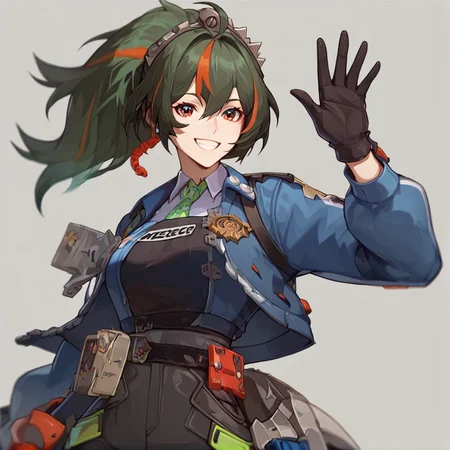 score_10, score_9, score_8_up, score_7_up, best quality, master piece, <lora:Zhu_Yuan_ZZZ:1> Zhu Yuan, 1girl, solo, smile, breasts, hips, grey background, waving,