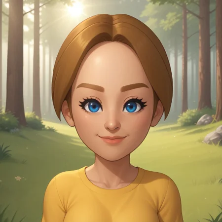 score_9, score_8, BREAK, solo, mii, wii, wii sports, 1girl, female mii, cute, dark blonde hair, ponytail, blue eyes, lips, dark skin, yellow clothing, white pants, flip flops, breasts, Mia_(Wii_Sports), Nintendo Mii, modern_mii, classic_mii, dark blonde eyebrows, sexy pose, smile, outdoors, sunlight, shadows, evening lighting, natural lighting, forest, trees, grass, orange sky, sunset