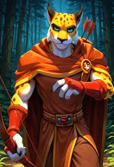 masterpiece, best quality, amazing quality, very aesthetic, absurdres, newest,  high quality, detailed, HunterSpyro, 1boy, solo male, cheetah, anthro, mature male, broad shoulders, black eyes, blue sclera, animal ears, athletic build, yellow body, light underbelly, spots, brown shirt, red cloak, red gauntlets, bow and arrow, looking at viewer, smiling, outdoors, forest, standing, dark brown pants, volumetric lighting, holding bow and arrow, action pose, dynamic shot, cowboy shot