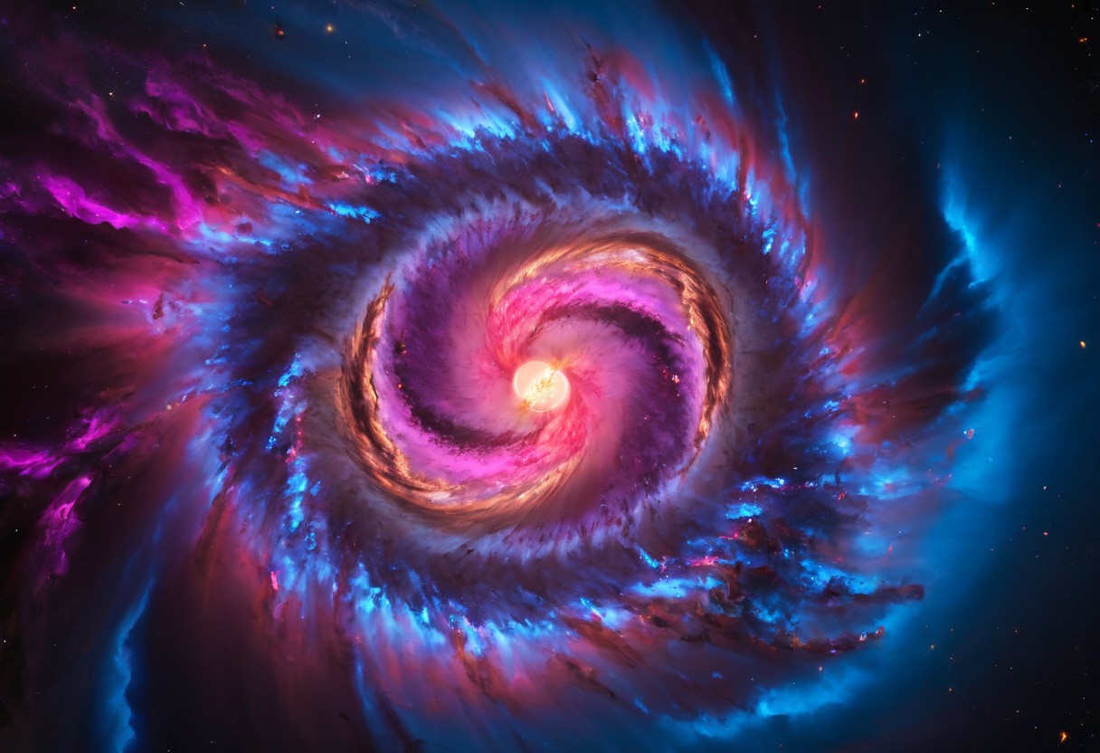 a dynamic and breathtaking image of the universe with vibrant colors and dramatic lighting. Show a swirling nebula in the foreground with bright, intense hues of blue, purple, and pink. In the background, depict a distant galaxy with spiraling arms and scattered stars. Include a supernova explosion, radiating brilliant light, and a mesmerizing black hole at the center, with cosmic debris swirling around it. Add a hint of distant planets and asteroids to create a sense of scale and depth. Make the entire scene feel alive and constantly in motion.
