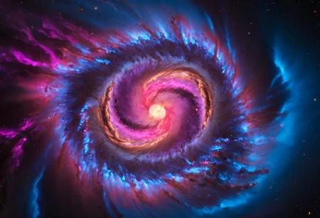a dynamic and breathtaking image of the universe with vibrant colors and dramatic lighting. Show a swirling nebula in the foreground with bright, intense hues of blue, purple, and pink. In the background, depict a distant galaxy with spiraling arms and scattered stars. Include a supernova explosion, radiating brilliant light, and a mesmerizing black hole at the center, with cosmic debris swirling around it. Add a hint of distant planets and asteroids to create a sense of scale and depth. Make the entire scene feel alive and constantly in motion.