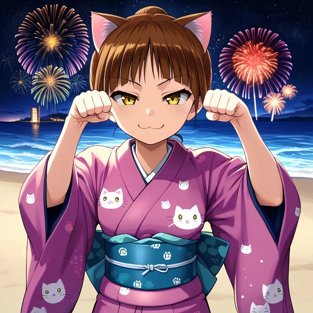 neko-musume, 1girl, solo, brown hair, yellow eyes, smug, paw pose, Japanese clothes, kimono, cat print kimono, starry sky, fireworks, beach, ocean