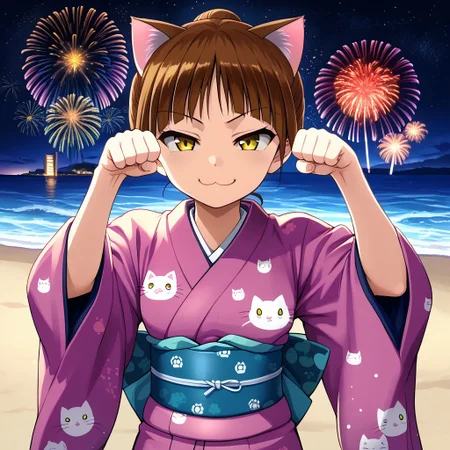 neko-musume, 1girl, solo, brown hair, yellow eyes, smug, paw pose, Japanese clothes, kimono, cat print kimono, starry sky, fireworks, beach, ocean